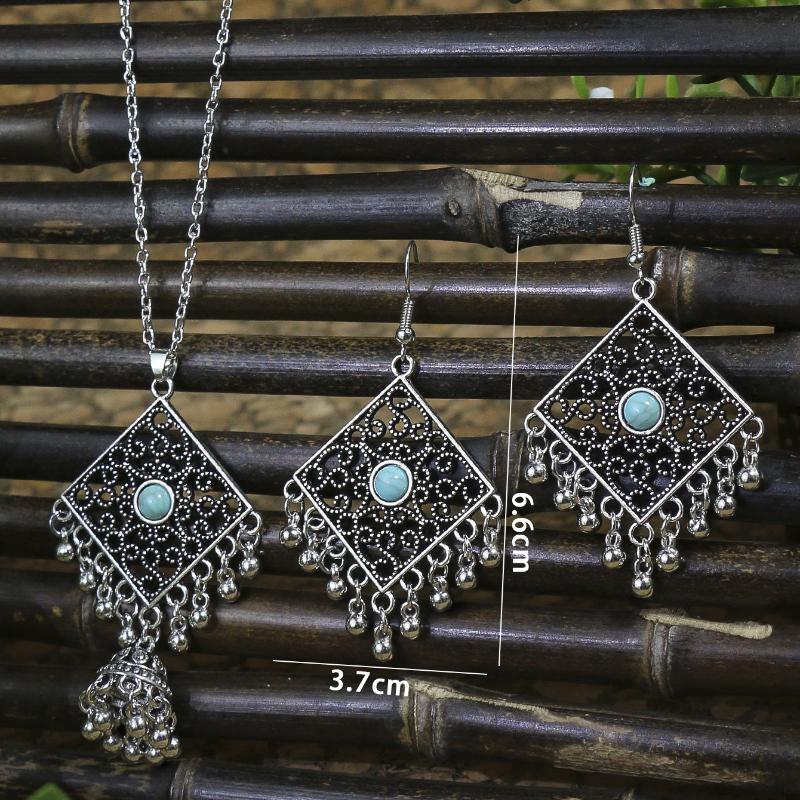 GemChic Women's New Classical Ethnic Alloy Hollow Bell Tassel Pendant Necklace Earrings Two Piece Set Birthday Christmas Jewelry Gift