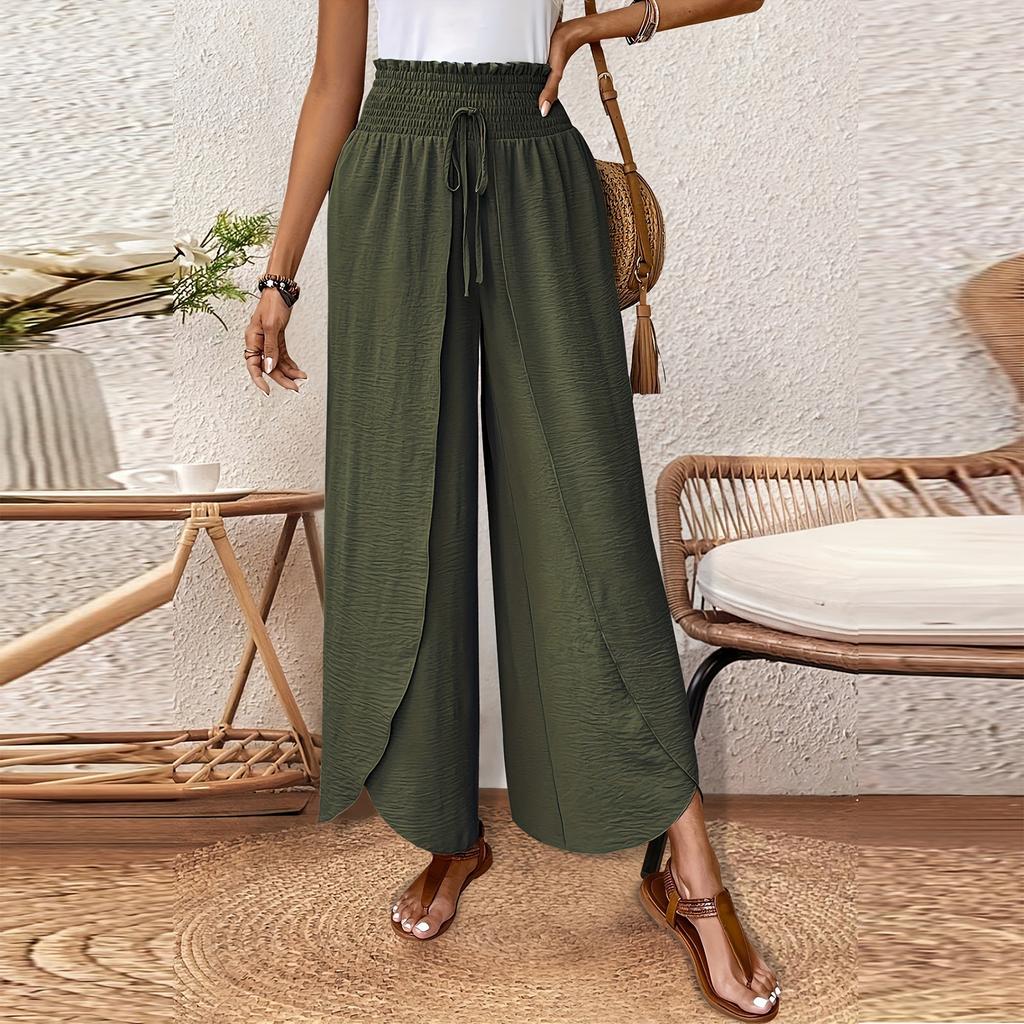 Women's Elastic Waist Irregular Hem Wide Leg Casual Pants Solid Color Loose Straight Pants