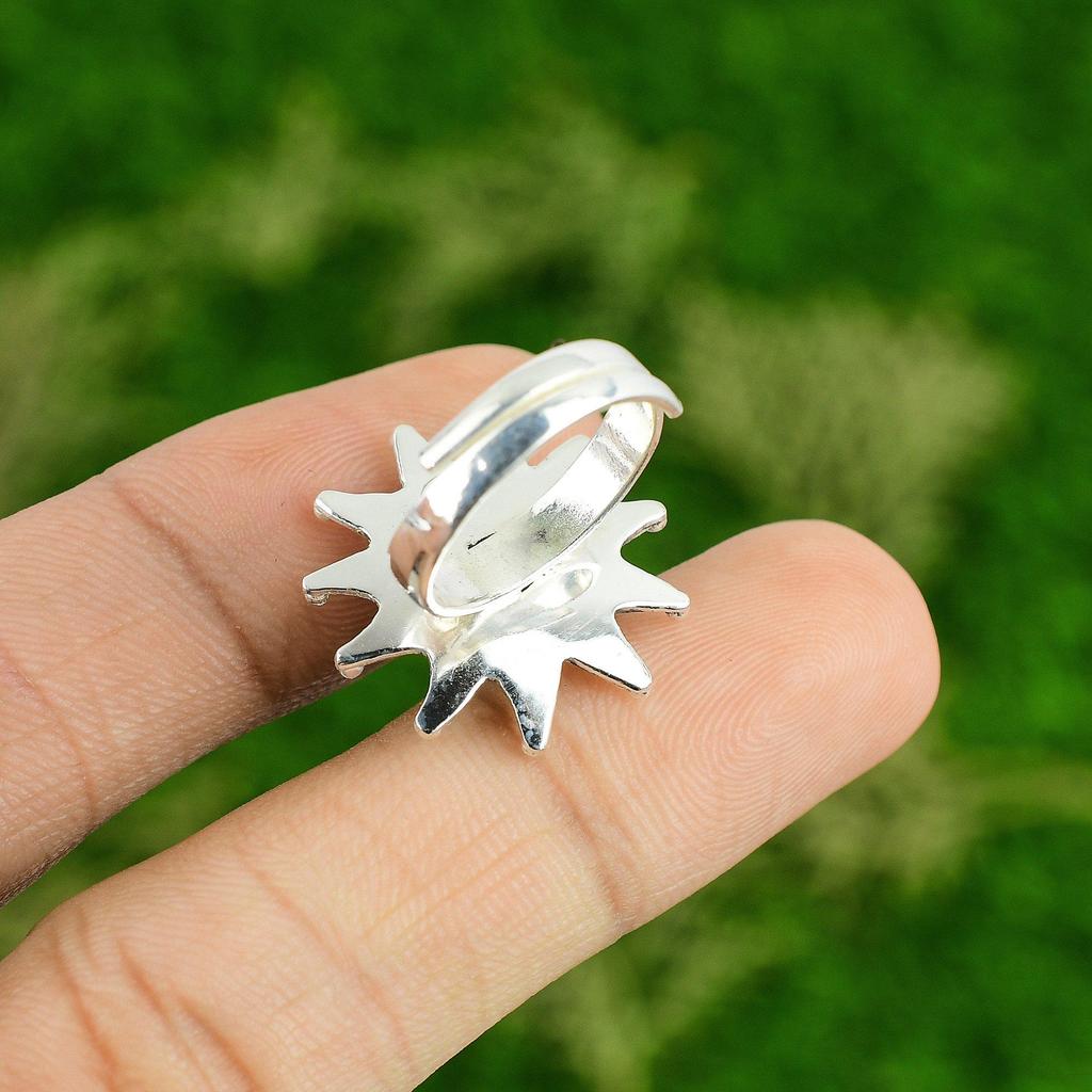 Natural Larimar Gemstone Promise Flower Blue Adjustable Ring 925 Sterling Silver