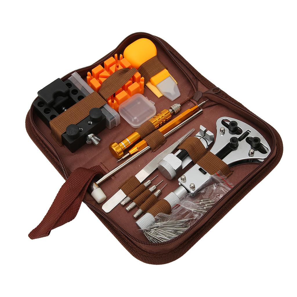 Watch Repairing Kit Watch Battery Replacement Watch Case Opener Complete Watch Tool Kit with Brown