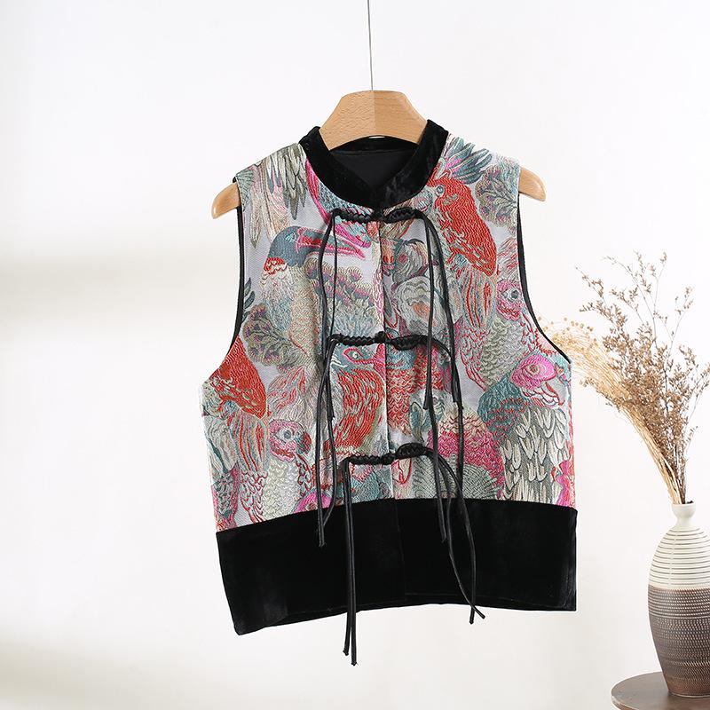 2025 buckle satin embroidered jacquard vest, sleeveless top, vest for women