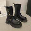2025 Autumn and Winter New Women's Shoes Medium Top Platform Casual Metal Buckle Martin Boots Heightening Fashion Thin Knight Boots