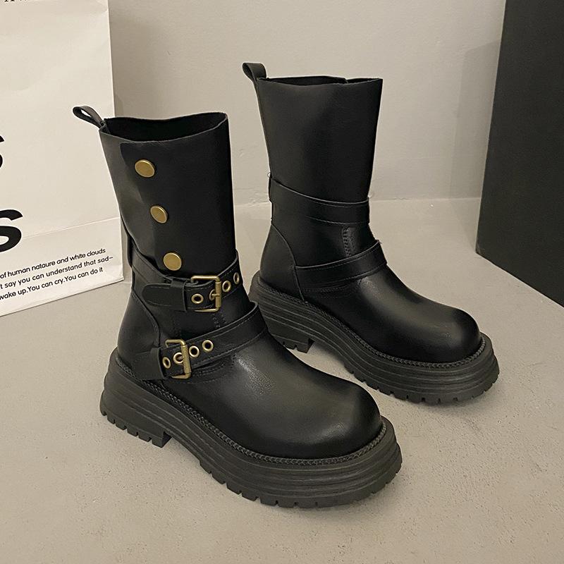 2025 Autumn and Winter New Women's Shoes Medium Top Platform Casual Metal Buckle Martin Boots Heightening Fashion Thin Knight Boots