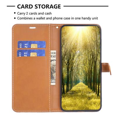 For iPhone 16 Pro Case Jeans Cloth Texture Wallet Splicing Phone Leather Cover -  Brown