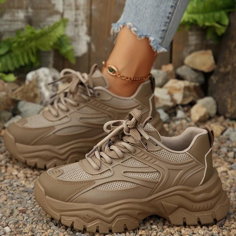 Fashion Retro Khaki Chunky Platform Sneakers Women 2025 Autumn Thick Bottom Breathable Mesh Sports Shoes Non Slip Woman's Hiking Shoes