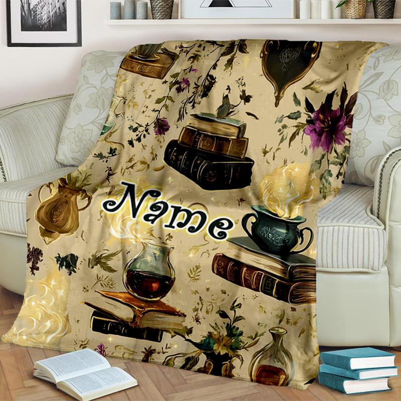 1PC Custom Name Magical Bookshelf Scene outdooor Flannel blankets Throw Blanket All-Season Throw Gift Bedspread for Couch, Bed, Camping Holiday Birthd