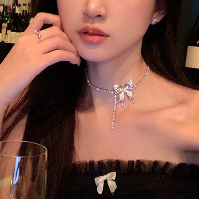 Elegant Korean Rhinestone Bow Tassel Necklace - Luxury Clavicle Chain for Women