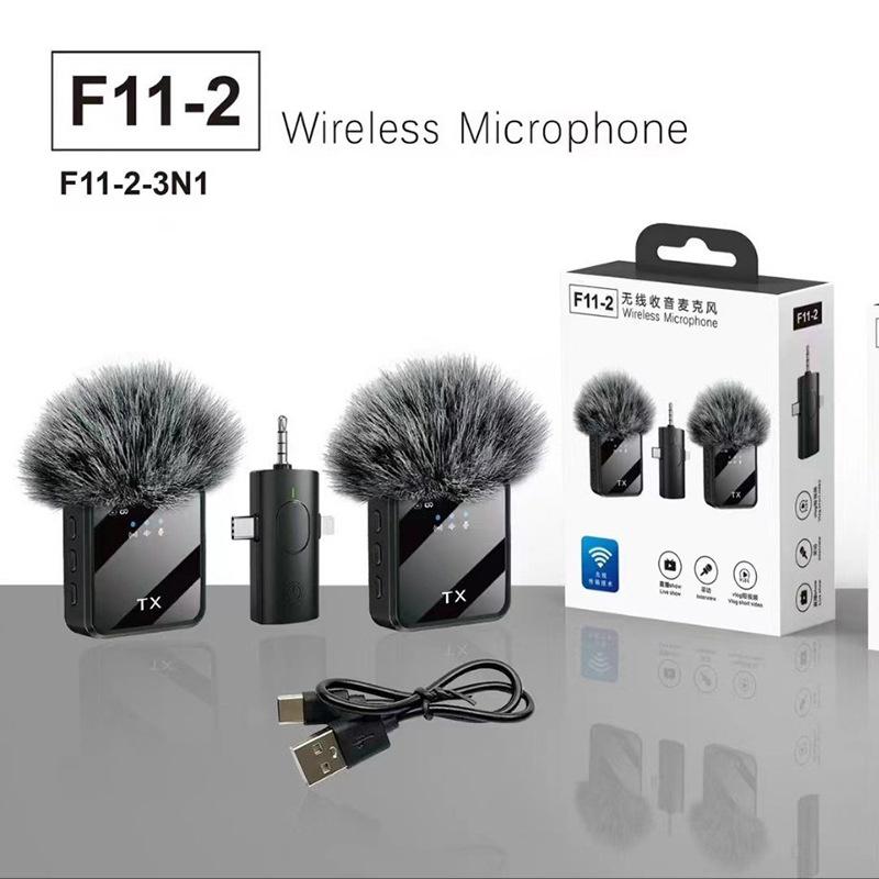 F11-2 F15 3-in-1 Wireless Lavalier Microphone Dual Mic Noise Cancellation Mini Clip-On for iPhone Android Live Streaming Vlog