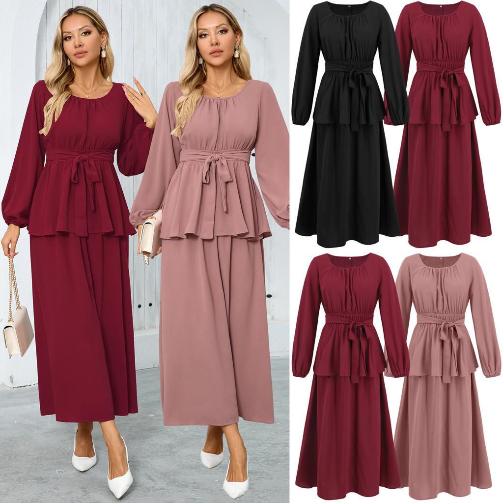 

Женская мода повседневная элегантная бандажная блузка с длинными рукавами, топ, плиссированная макси длинная юбка, комплект одежды