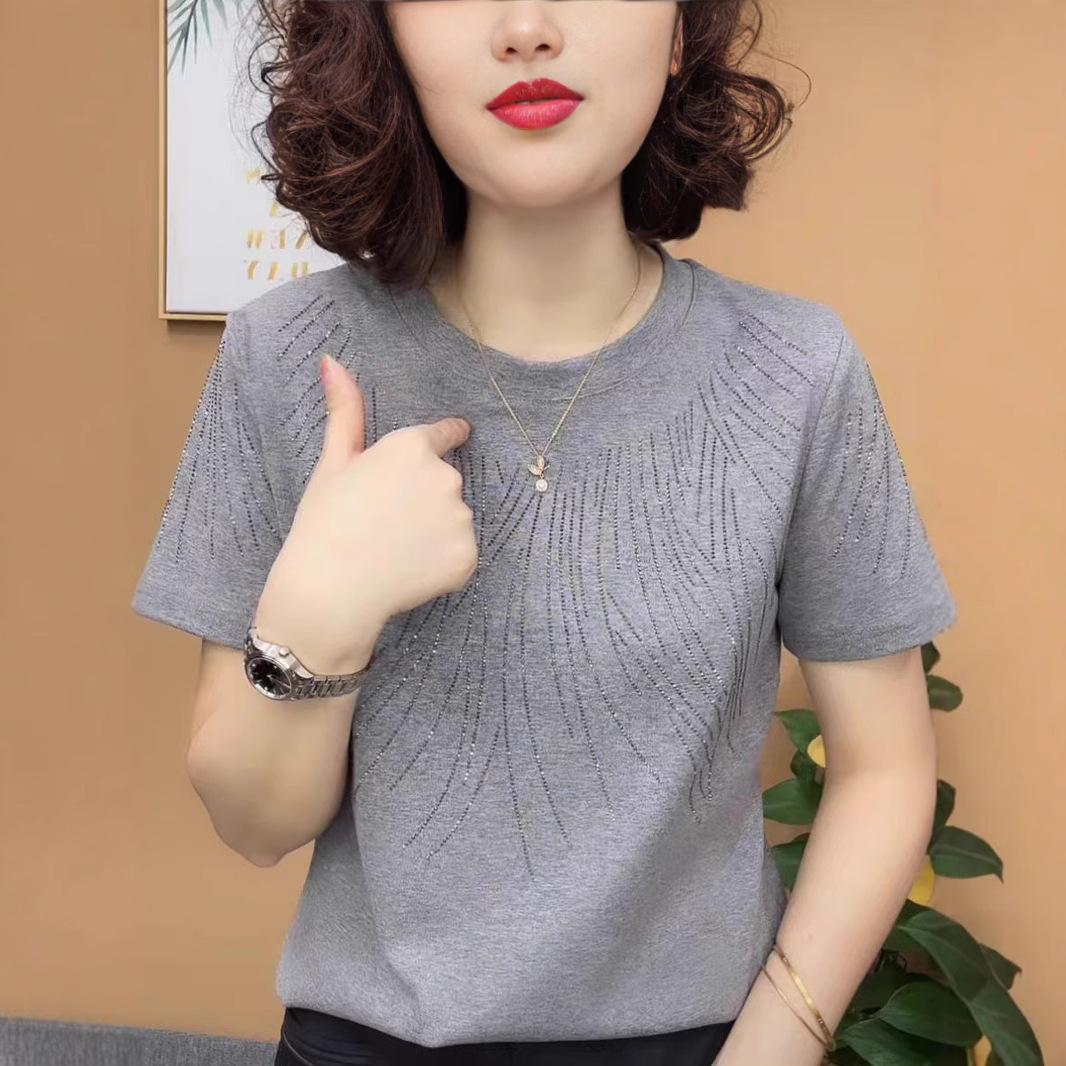 

Футболка с круглым вырезом, однотонная, с горячими бриллиантами, модная женская одежда, летняя футболка с коротким рукавом, омолаживающий универсальный женский топ M серый