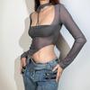 Spring Sexy Shirts Fashion Women 2023 Short Tops Y2k Streetwear Slim Tee Long Sleeve Square Neck Slim Mesh T-Shirt  26243
