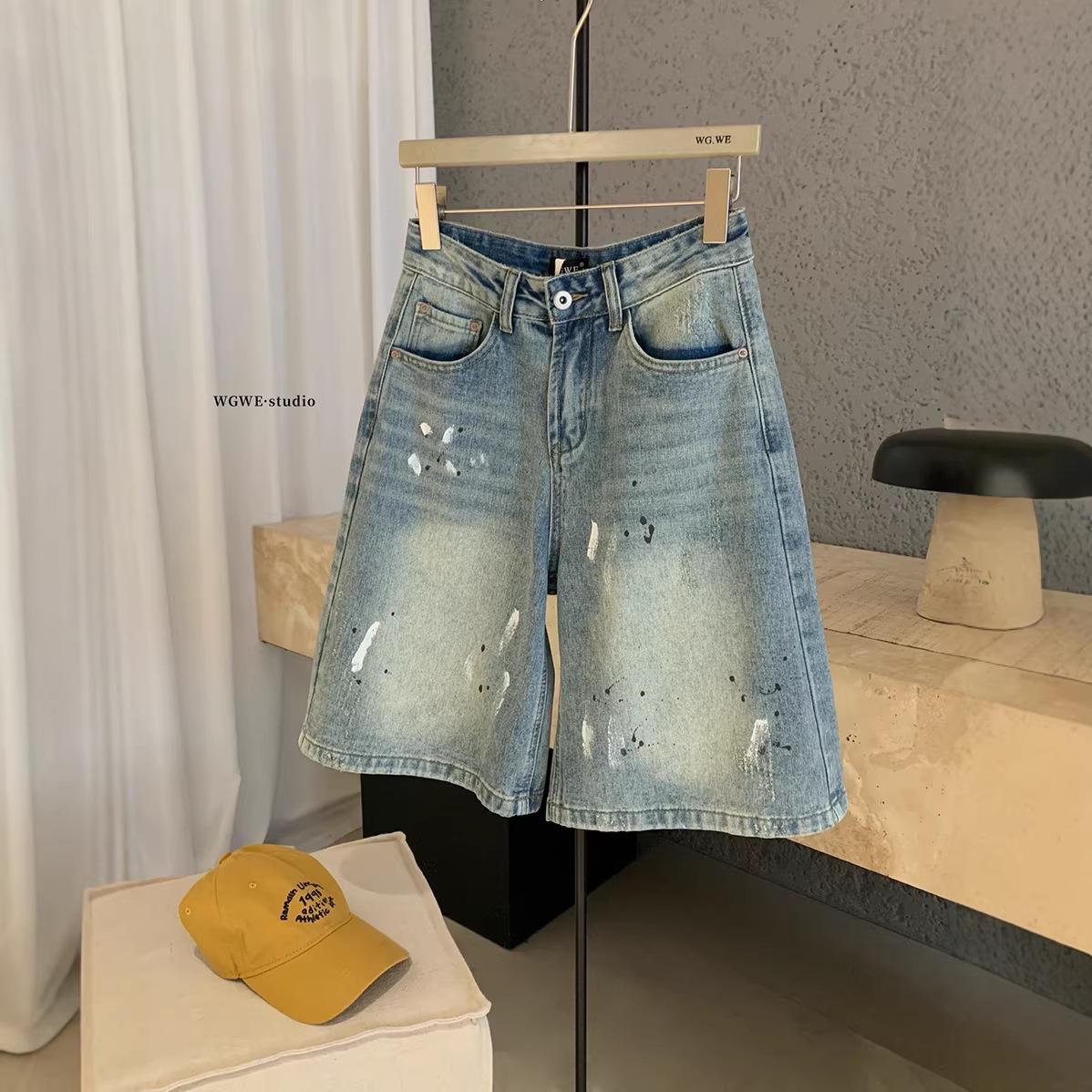 

WGWE8753 Blue Splatter Wash Denim Mid-Length Casual Shorts L no returns синий