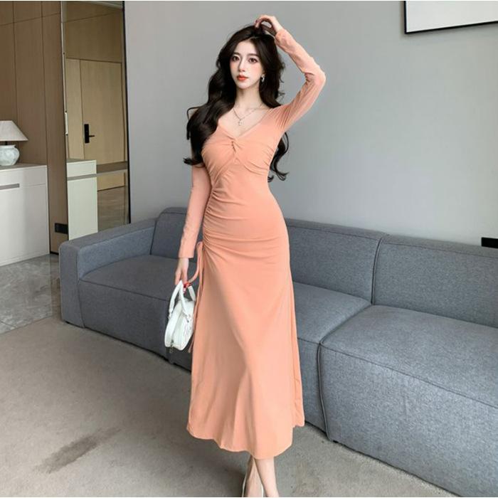 

Temperament square neck kink slim long-sleeved dress women s autumn new drawstring pleated waist slim dress S