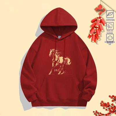 Chinesisches Neujahr 2026 Rotes Pferd Kapuzenpullover: Familienfoto, Locker, Trendig, Mit Samt.
