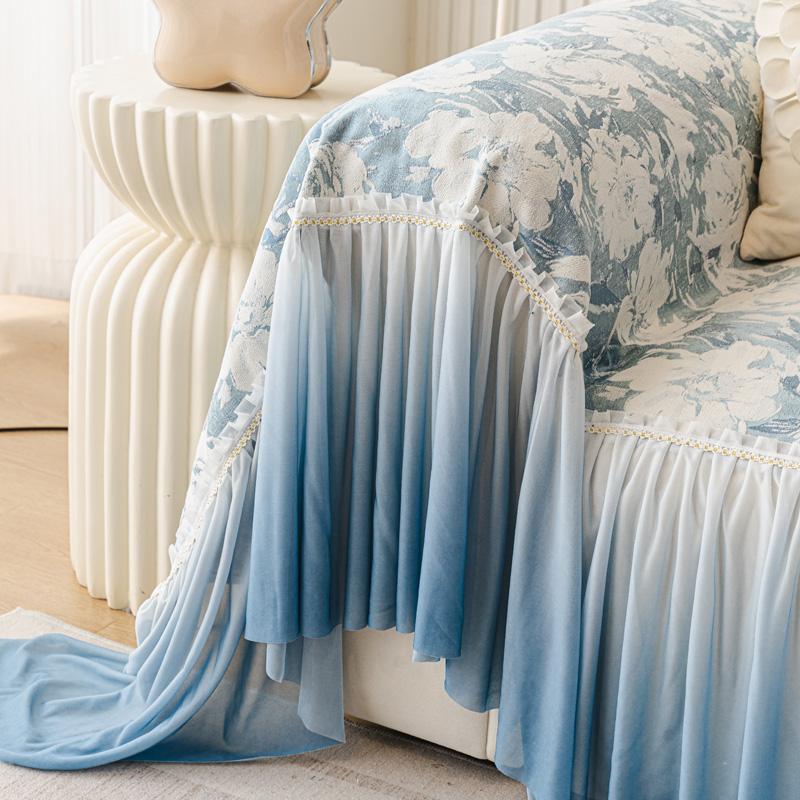 Universal Chenille Sofa Cover French Ruffled Edge Creamy Aesthetic Flower Pattern Anti-Slip Gradient Couch Cushion Mat