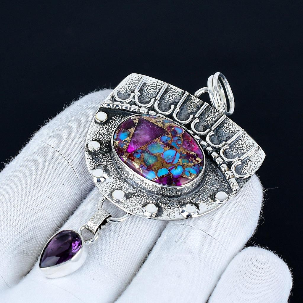Kingman Spiny Turquoise Pendant, 925 Sterling Silver Handmade Jewelry, Amethyst Silver Pendant, Party Wear Jewelry For Women's, Pendant Love Gift