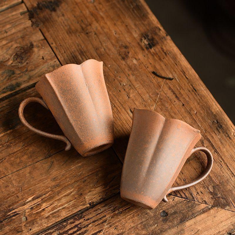 Rough pottery teacup light luxury master cup anti-scald high value petal cup tea cup old rock clay ancient style beauty cups for Home