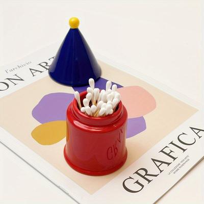 1pc Dopamine Color House Ceramic Storage Jar Vibrant Red Blue Cone Roof Bathroom Organizer, Ceramic Desktop Bathroom Storage for Buds, Dental Floss