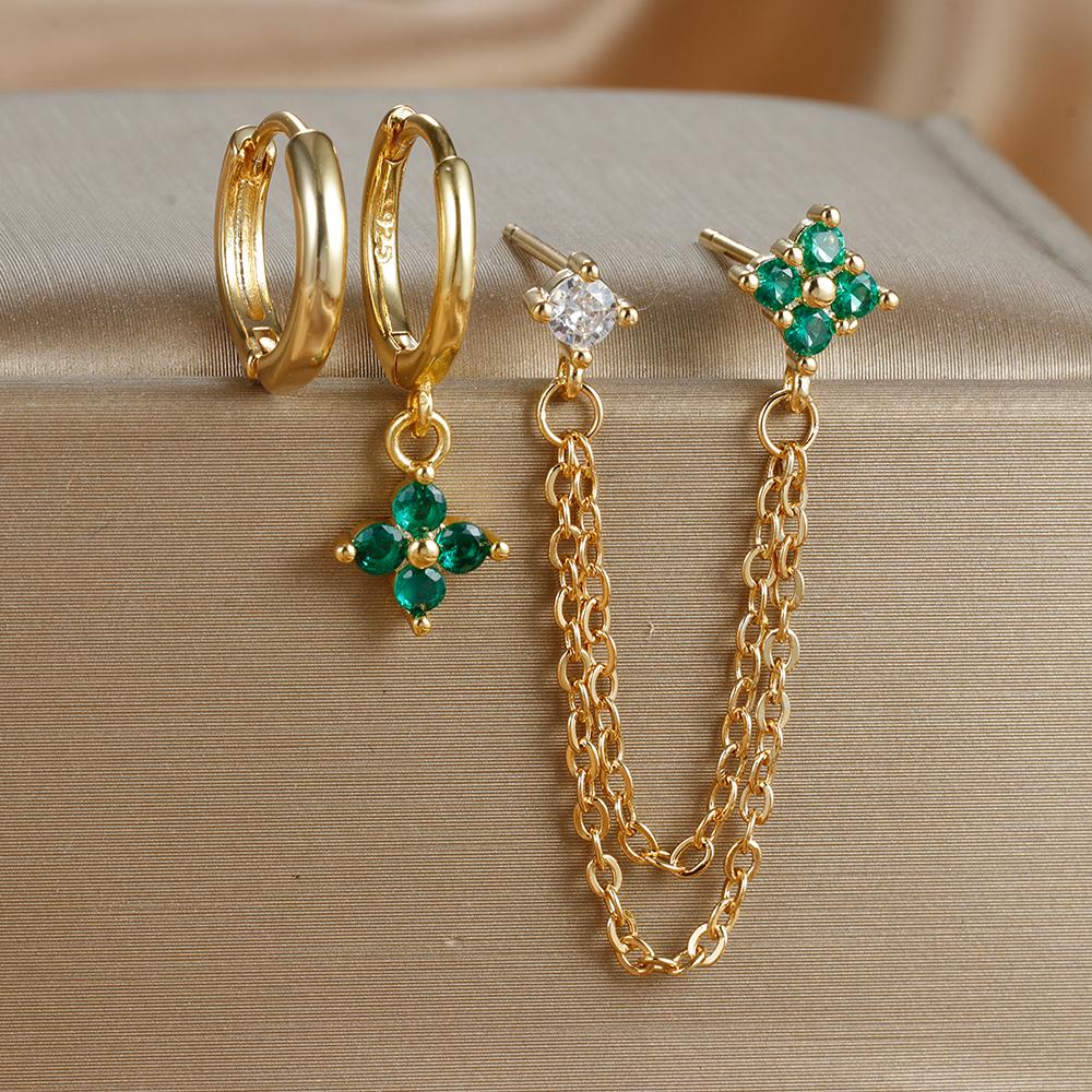 3PCS New Design Four Crystal Flower Pendant Hoop Earrings Set For Women Double Ear Hole Chain Stud Earring Piercing Jewelry