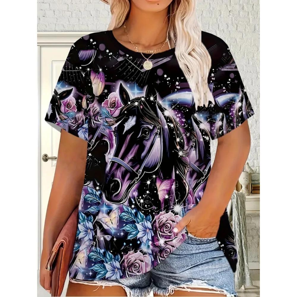 Summer Fashion Loose Oversized Breathable Soft Comfortable Horse 3D Printing Casual Women's Short Sleeve T-Shirt
