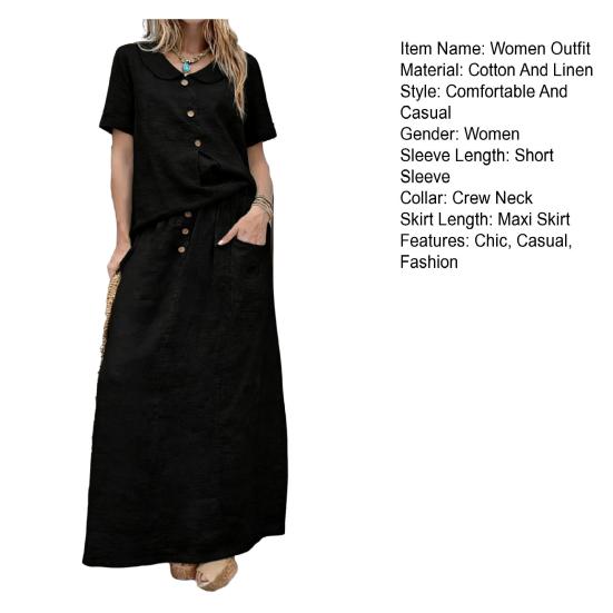 Women's 2 Piece Skirt Set Cotton Linen Short Sleeve Top And Maxi Skirt Matching Sets Summer Casual Vacation Outfits with Pockets
