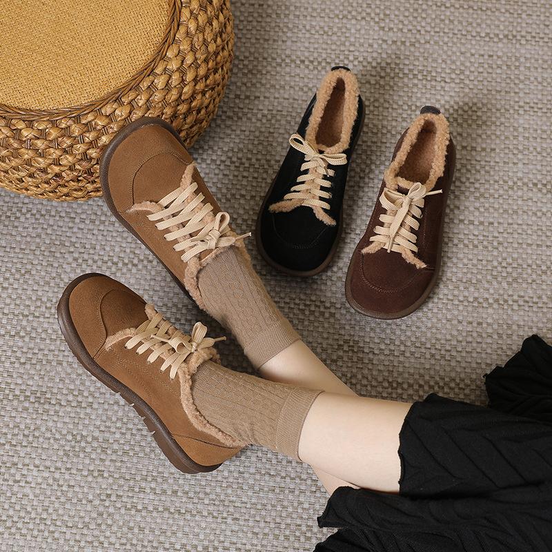 Fashion GKTINOO Loafers Winter Women Cow Suede Leather Round Toe Lace-up Warm Comfort Soft Sole Ladies Flat Fur Shoes Big size 43