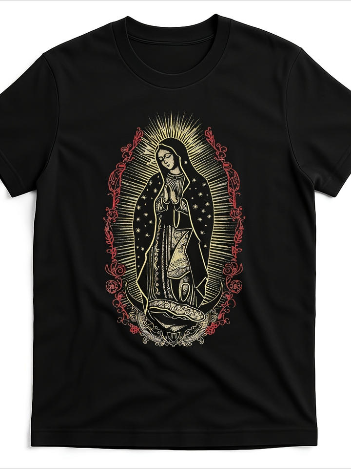 Lokales Herren Retro Classic Kurzarm-T-Shirt Mexikanischer Katholischer Glaube Jungfrau von Guadalupe Religiöse Kunst Grafik-T-Shirt Glänzendes Finish
