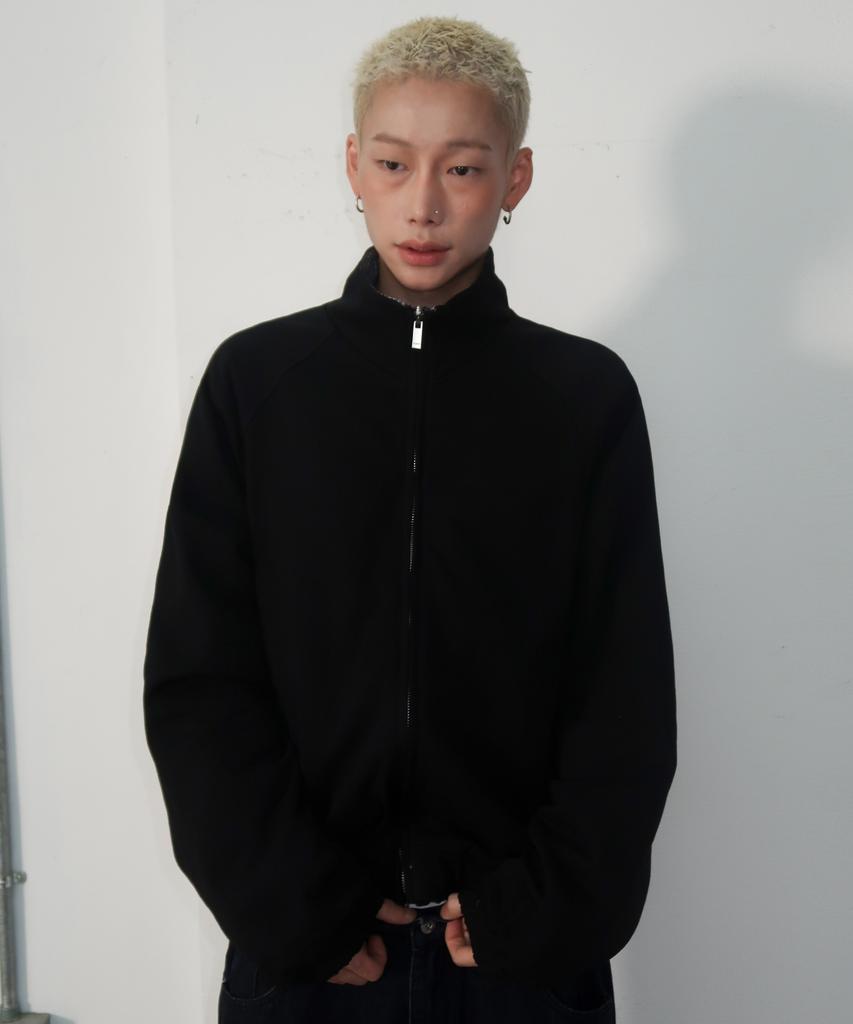 SOMEPLACE MAN Half-Neck Check Contrast Reversible Oversized Daily Two-Way Long Sleeve Zip-Up Jacket [Black]