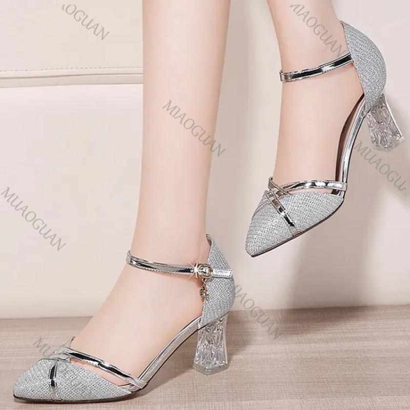 Gold Women Sandals Party High Heels Ankle Buckle Solid Sexy for Ladies Wedding Party Nightclub Sequin Heeled Shoes for Women