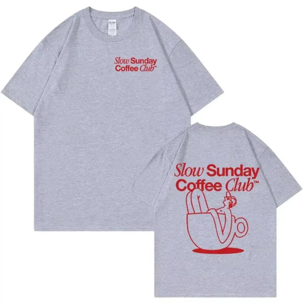 Slow Sunday Coffee Club Funny Meme T Shirt Men Retro Fashion Oversized Cotton T-shirts Women Harajuku Aesthetic Clothing T-shirt