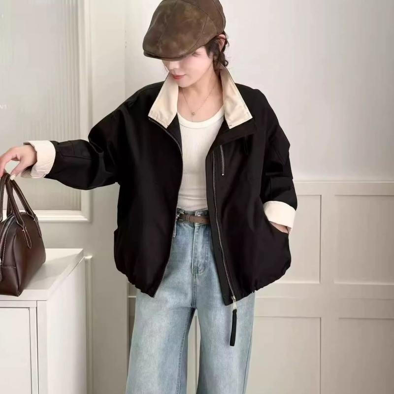 Women's Stand Collar Short Length Zip-Up Windbreaker Jacket Loose Casual Versatile Outerwear Top
