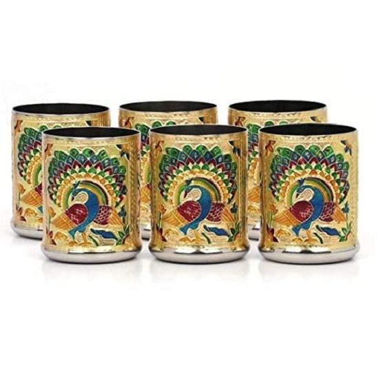 Stainless Steel Handmade Meenakari Peacock Design Decorative Glass Set for Home Traditional Indian Style Set of 6 Glass (Golden Color), 250 ml