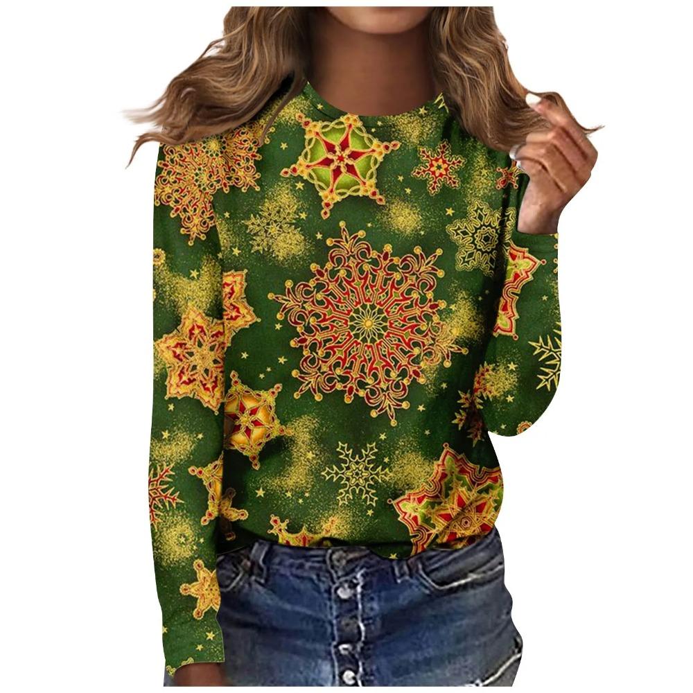 Christmas Snowflake Tree Long-sleeve T-shirt, Fashionable Casual Crew Neck Women's Wear, Comfortable and Slim-fitting Women's Top.