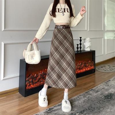 Women's Plaid Skirt High Waisted A-line Korean Style Autumn Winter Long Skirts