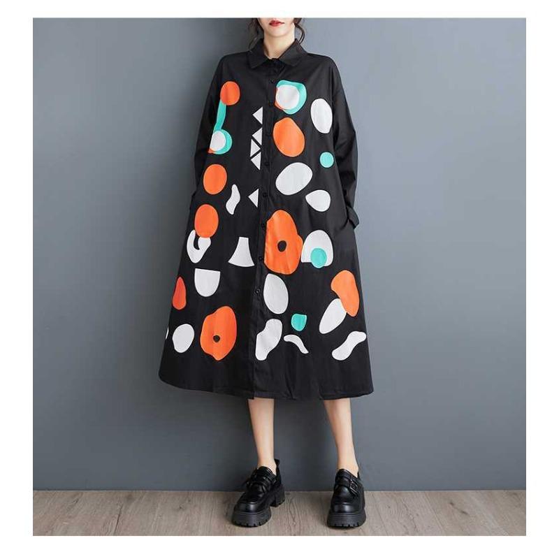 New Loose Large Size Printing Splicing Casual Simple Sweet Long-sleeved Dresses