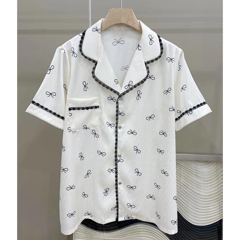 Elegant Sweet Black Lace Bow Print Pajamas for Women Casual Summer Cool Female Sleepwear Lady House Clothing