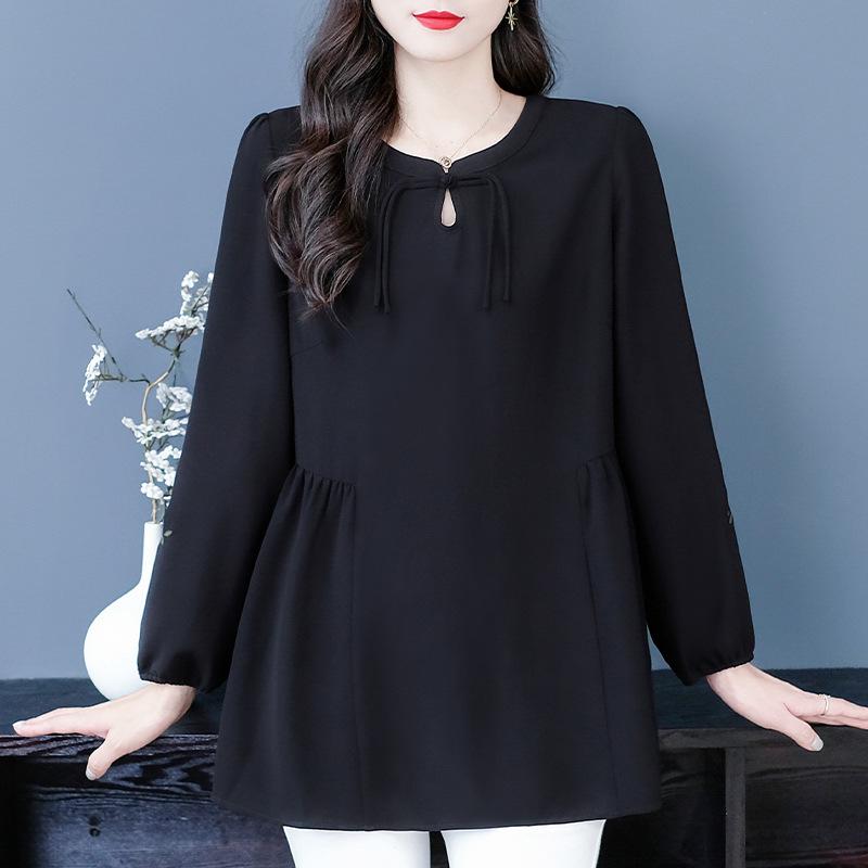 Nadměrná velikost vyšívaný top s dlouhým rukávem a kulatým výstřihem na podzim/zimu - Pro ženy středního věku a starší