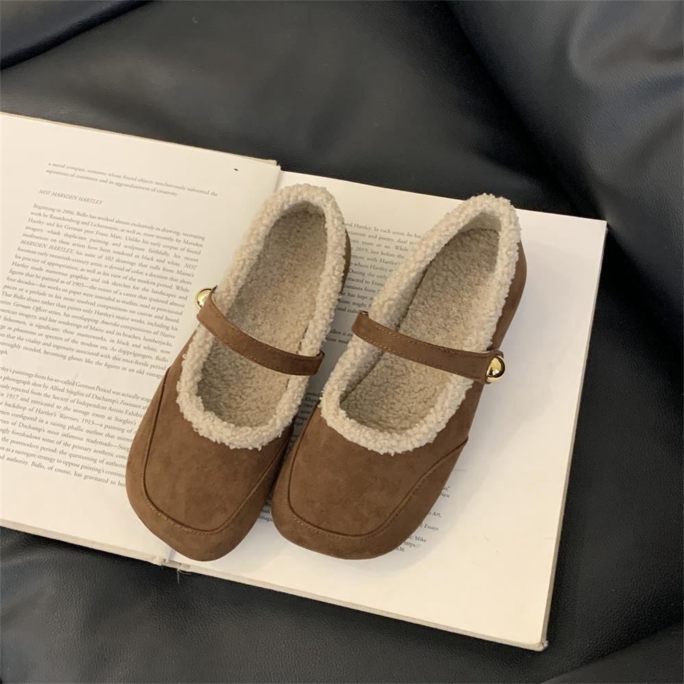 Retro Mori čtvercová špička nízký podpatek plyšové boty dámské podzimní a zimní jednoslovné semišové Mary Jane bavlněné boty