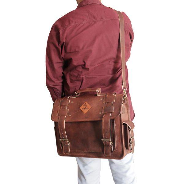 Handmade Full Grain Leather Messenger Bag by Parrys Leather World, Vintage Laptop Briefcase for Work