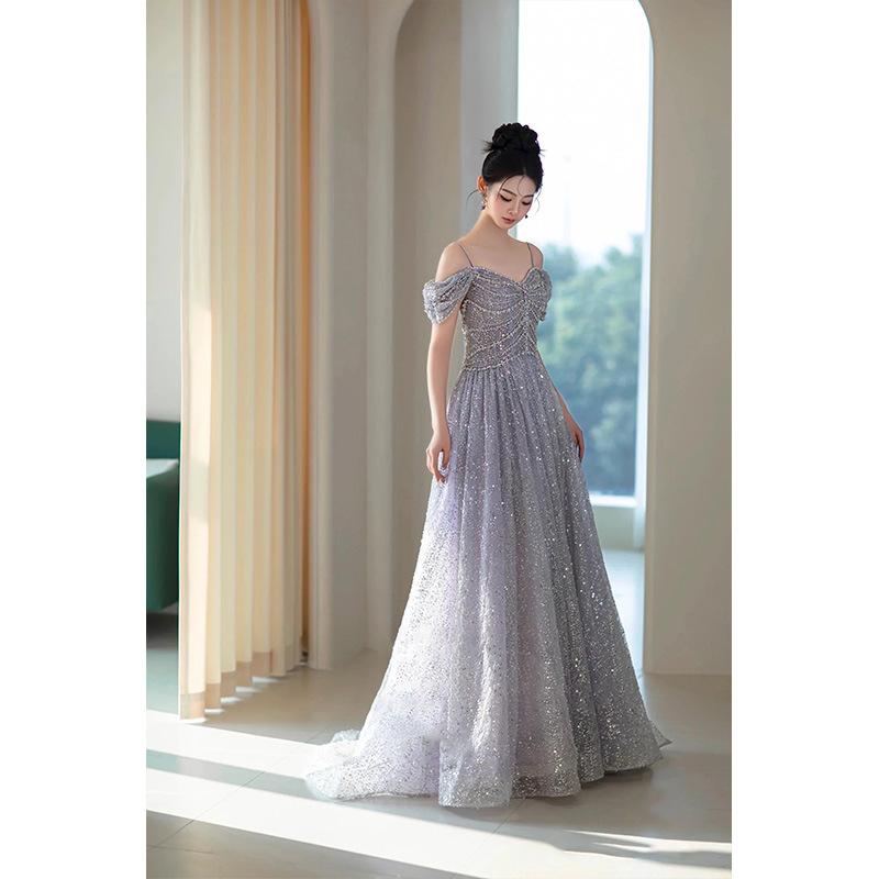 One-word shoulder evening dress women's 1011 new banquet adult ceremony niche senior temperament host art examination graduation