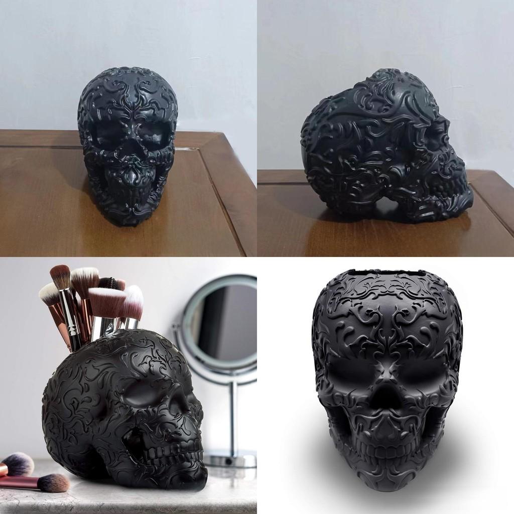 Unique Black Skull Makeup Brush Holder Decorative Resin Craft For Halloween Home Dcor