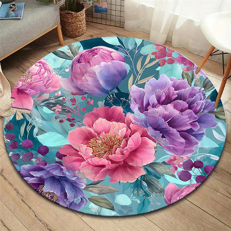 Retro-style Flowers Round Area Rug,Carpet Rug for Living Room Bedroom Sofa Playroom Decor,Non-slip Floor Mat