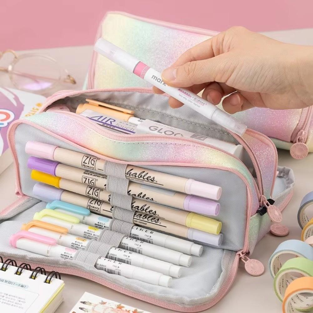 4 Compartments Pencil Pouch Zipper Closure Pen Case Large Pencil Bag  For Girls