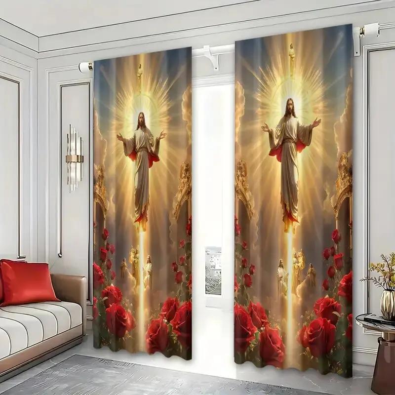 Christmas Religious Print Curtains Pole Bag Bedroom Living Room Decoration Home Curtain Polyester Ideal For Sitting