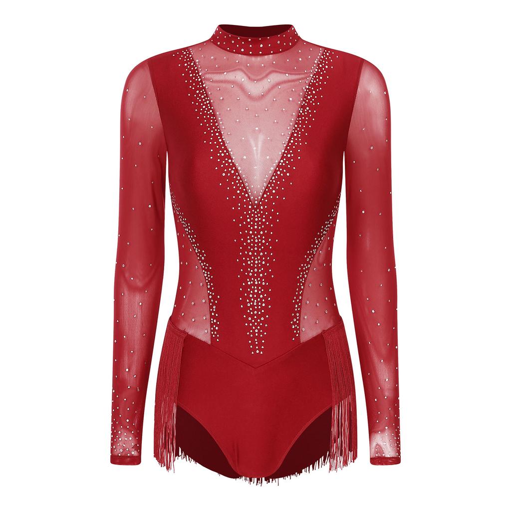 Women Figure Skating Performance Costume Gymnastics Unitards Tank Dancewear Activewear Biketards Ballet Leotards Tassel Bodysuit