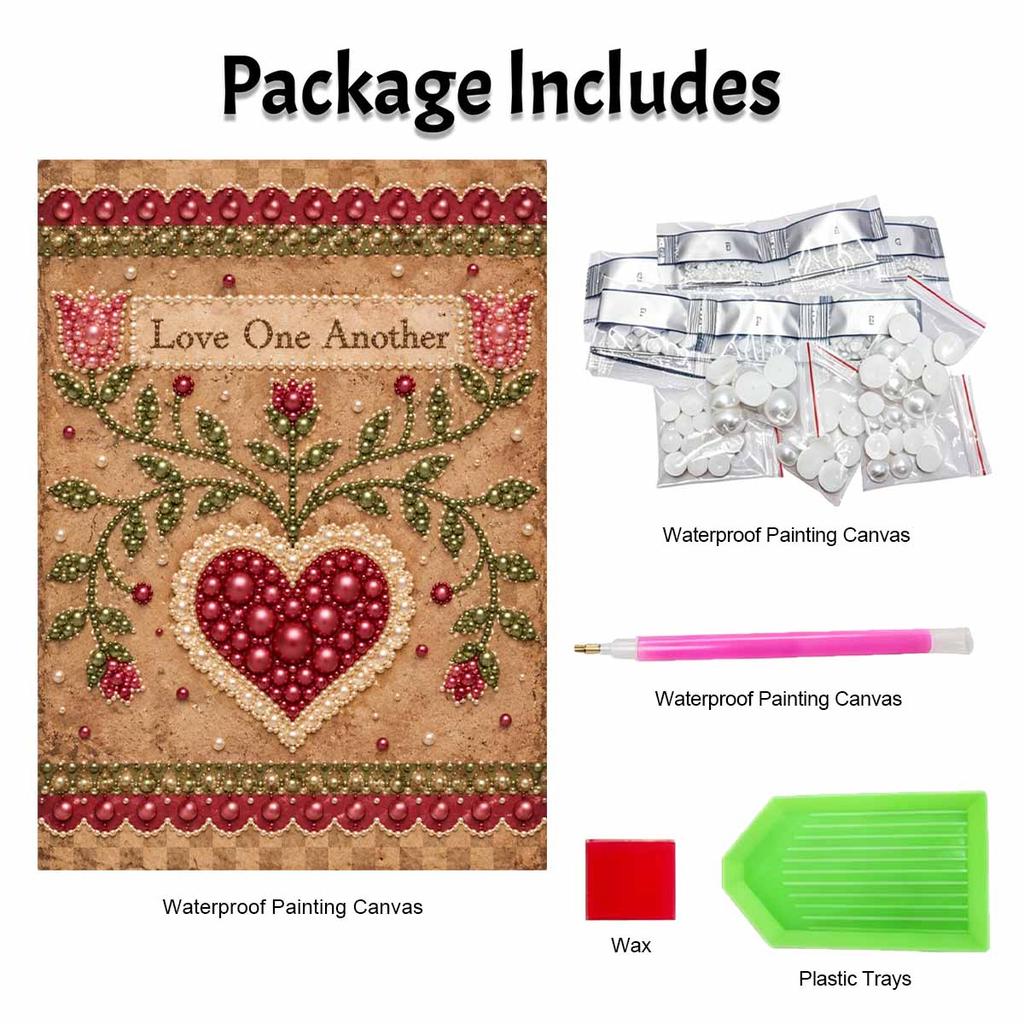 Love One Another Floral Heart 5D Pearl Painting Kit with Frame DIY Sparkling Bead Canvas Art Relaxing Craft for Girls Room Decor