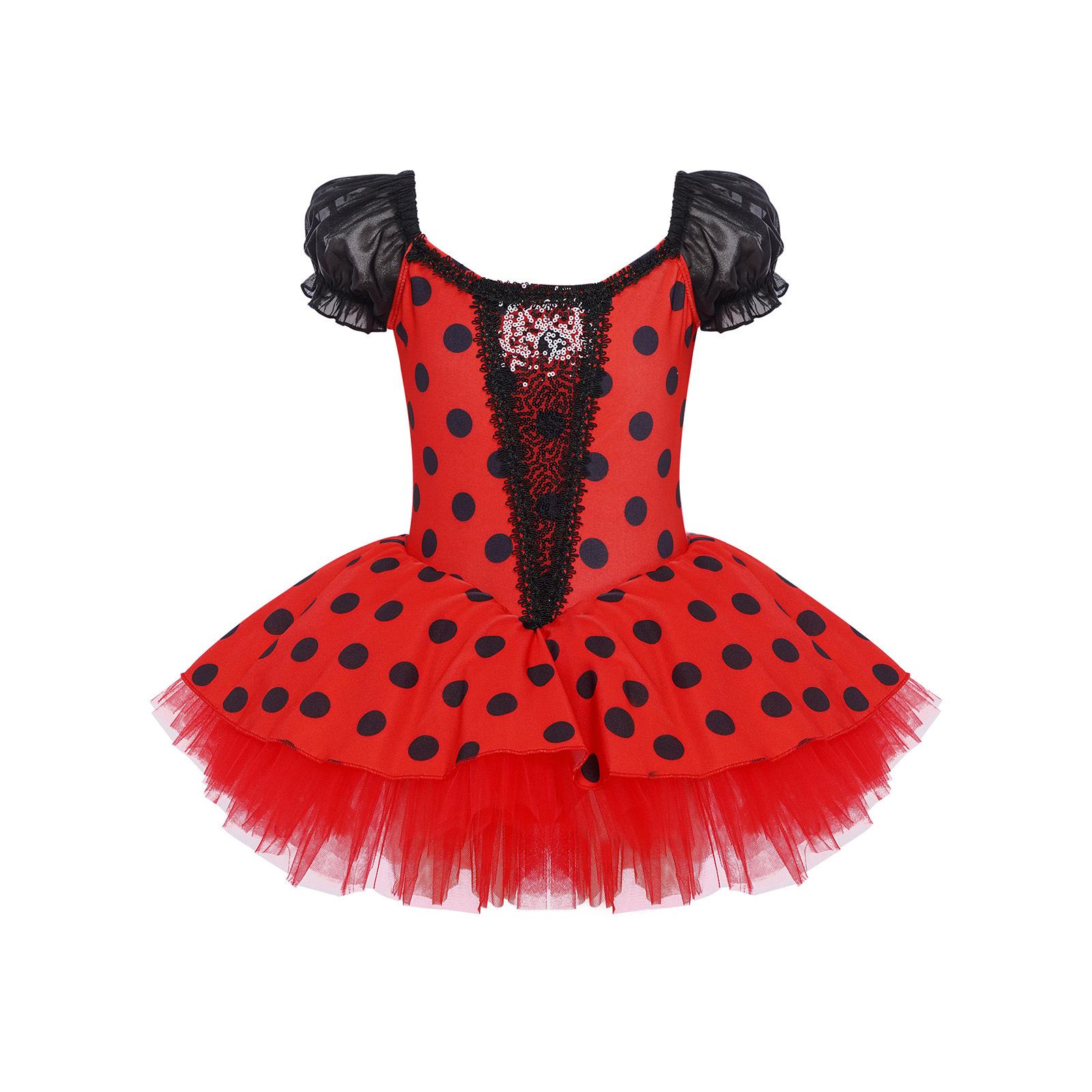 

Ballet Dance Dress for Kids Girls Puff Sleeve Shiny Sequins Color Block Dots Tutu Dresses Stage Performance Costume Dancewear 3-4 Years червоний