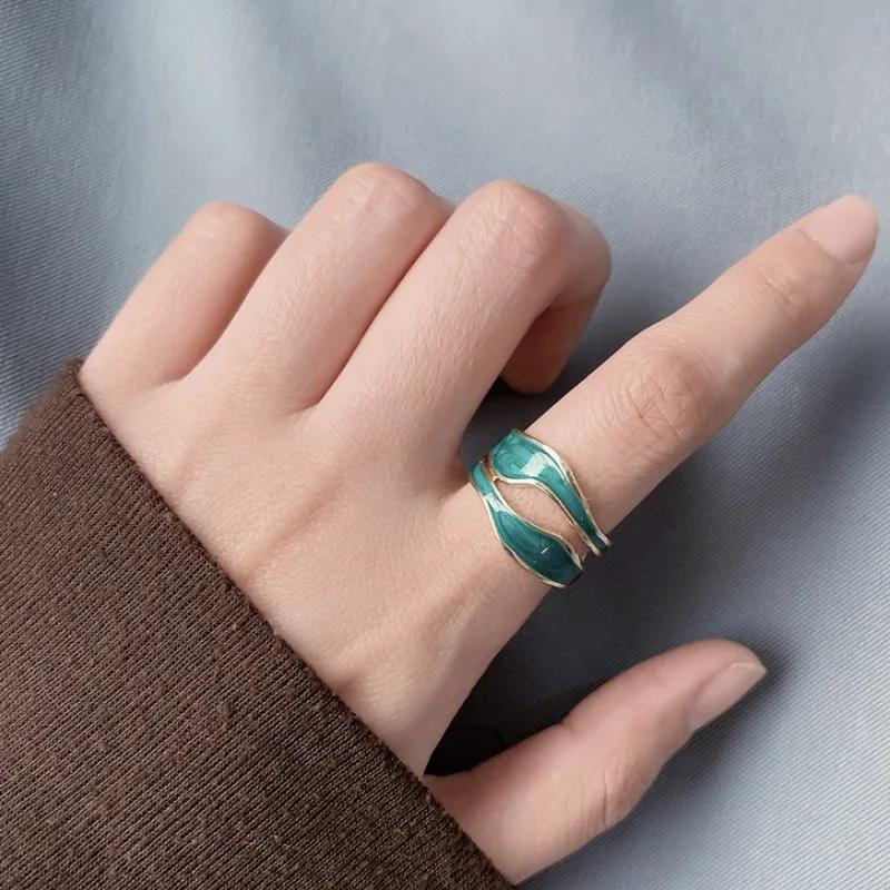 Retro Stainless Steel Double Oil Drip Open Rings for Women Luxury Irregular Adjustable Finger Ring 2024 New Trendy