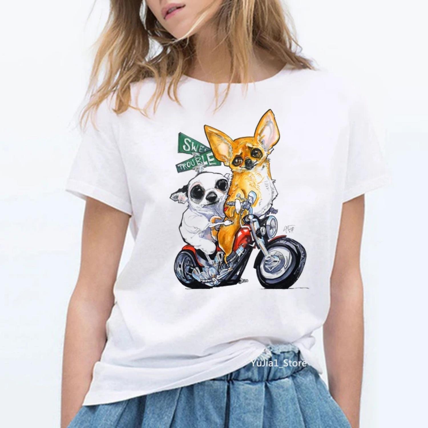

Chihuahua Riding A Motorcycle Printed Funny T Shirts Women White Vintage T Shirt Femme Aesthetic Clothes Dog Lover Summer Top XXXXXL білий