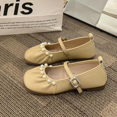 Round Toe Shallow Mouth Korean Shoes Pearl Decoration Autumn Women's Shoes Casual Sports Shoes Low Heels Beaded Autumn Dresses